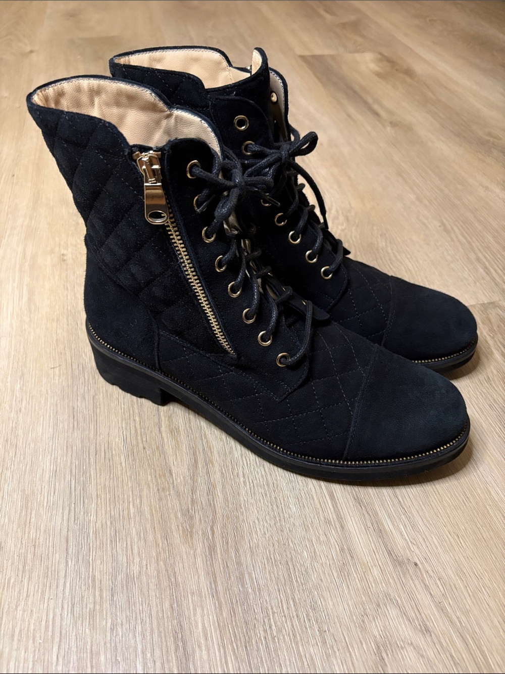 Ron White Tiffany Weatherproof Quilted Suede Combat Boots Black size 40 designer - Picture 3 of 10